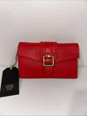 GLB Red Genuine Leather Braided Buckle Snap & Flap Front Wallet